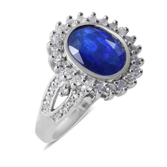 Genuine Tanzanian Blue Spinel and White Zircon Halo Ring in Platinum/925 Sz7 - Picture 2 of 8
